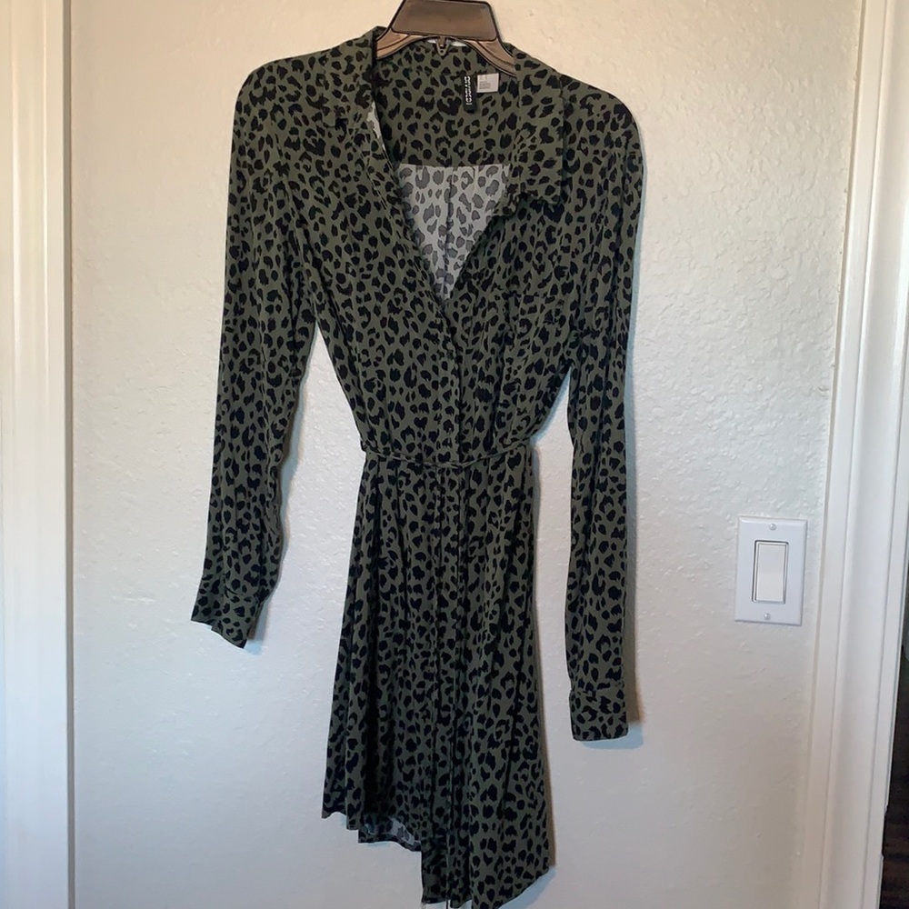 Olive green leopard print shirt dress
